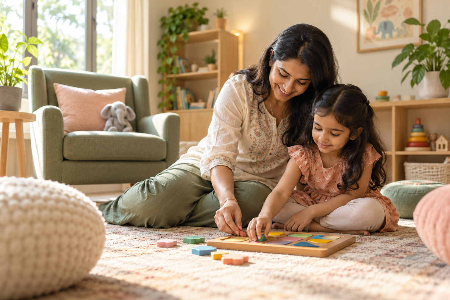 A mother and child sharing a quiet, playful moment with a wooden puzzle
